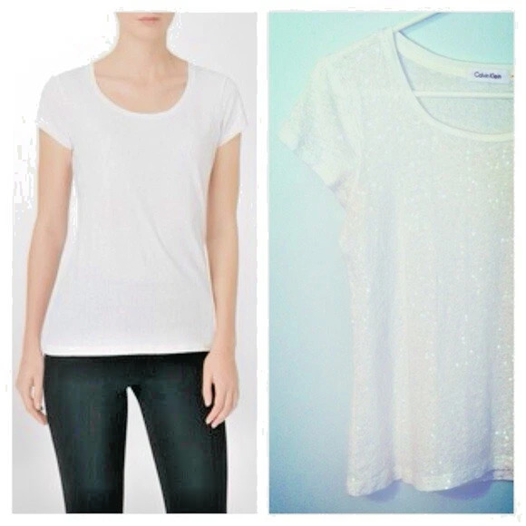 Calvin Klein Women Layered Silver Sequin Ivory Off White T-shirt Sz Medium NEW!! - Picture 12 of 12
